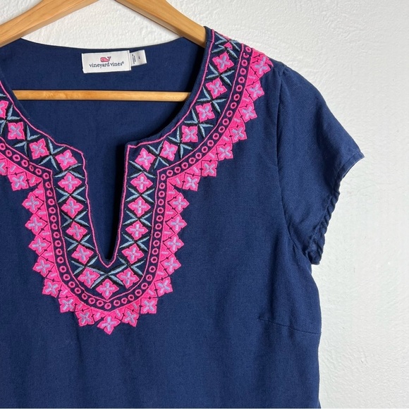 Vineyard Vines Navy Embroidered Dress Pink Geometric Cotton Linen Blend Size 4 - Picture 9 of 14